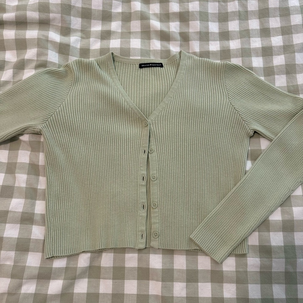 Ribbed V-Neck Cardigan Sweater - Green